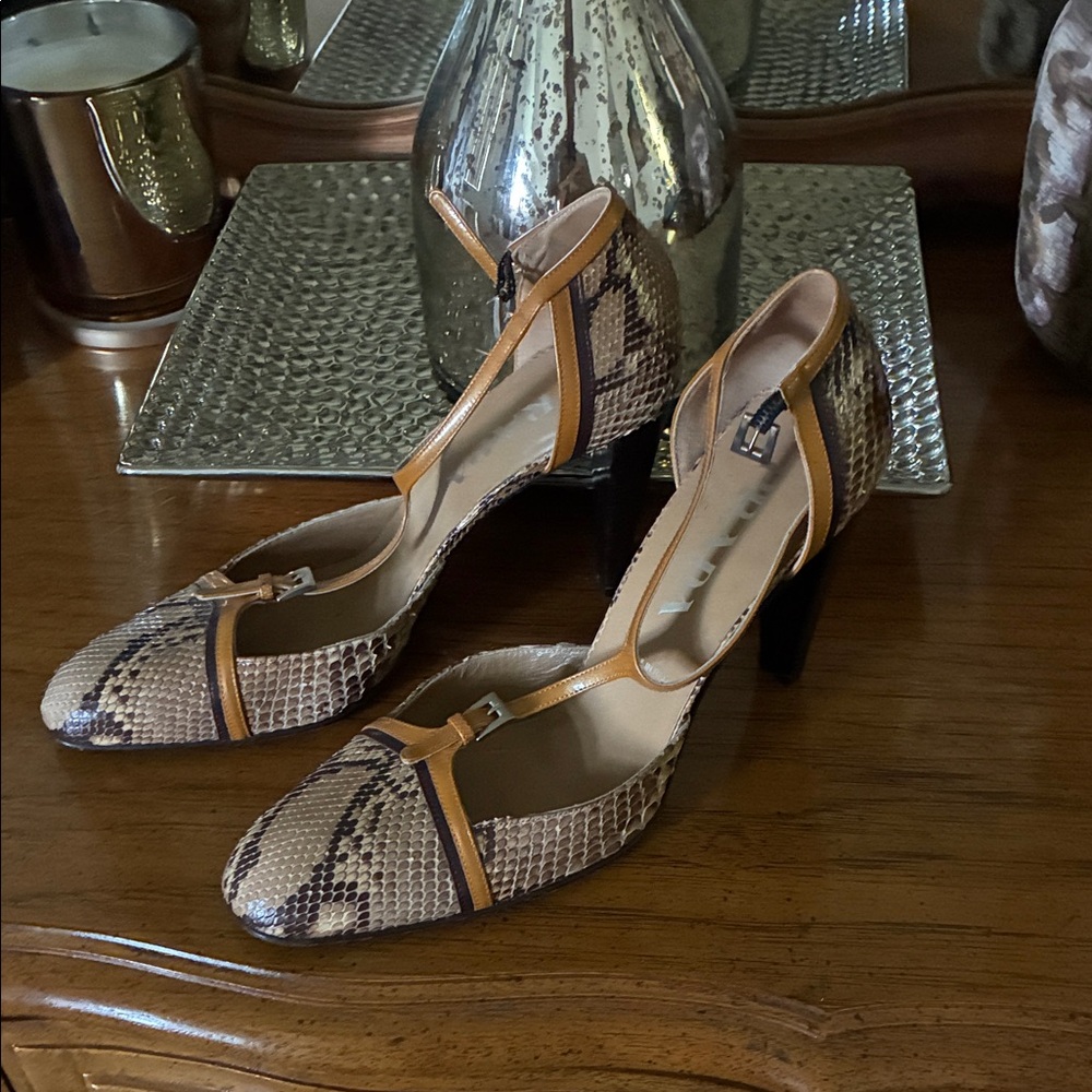 Prada Snakeskin Heels in Tan and Brown